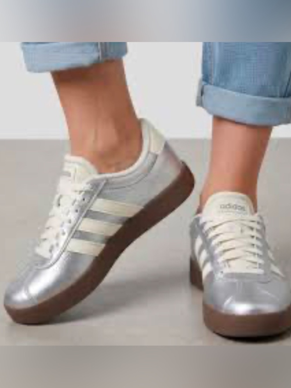 adidas Women’s Silver Metallic Sneakers with White Stripes and Brown Gummy Sole